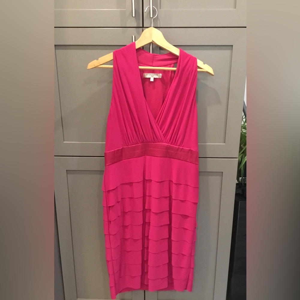 Evan Picone Bright Fuchsia Sleeveless V-Neck Tiered Ruffle Dress